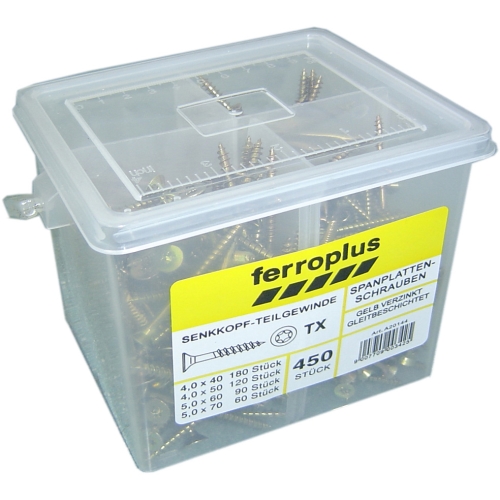 Spanplattenschrauben-Sortiment Ferroplus TX (Box) , Inhalt 450 Stk. (sortiert)